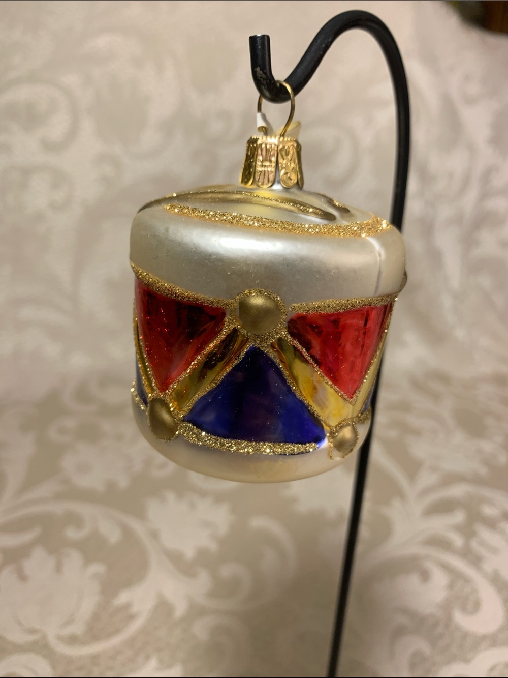 Silver/Gold  Drum Ornament with Red, Blue and Gold Accents